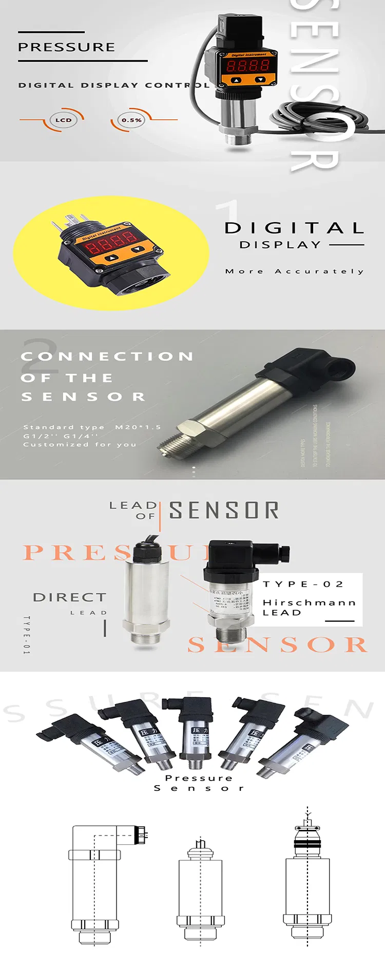 0.1~20 MPa Pressure Range Thread Connection and Ceramics Core Steam Pressure Sensor
