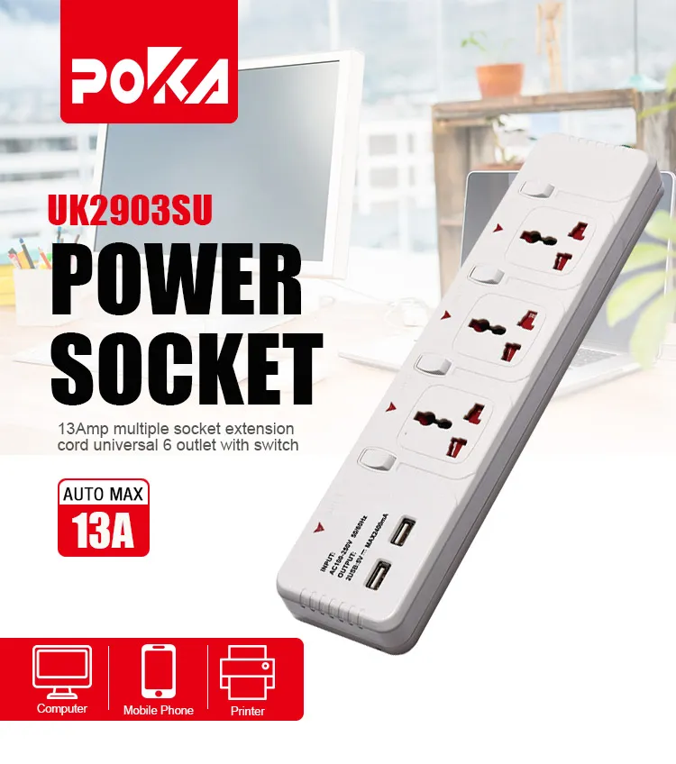 2400mA Hospital Poka 1PC/Blister Card, 24PCS/Carton Power Strip Extension Switch Socket