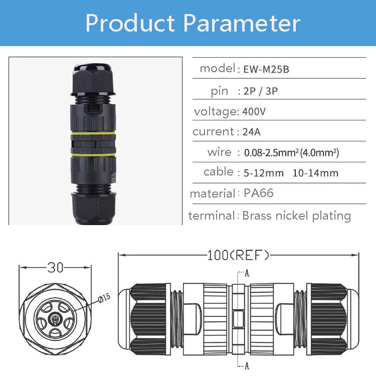3 Pin Screwless Waterproof LED Outdoor Lighting Connector IP68 Waterproof 5-12mm/10-14mm Electrical Cable Junction Box