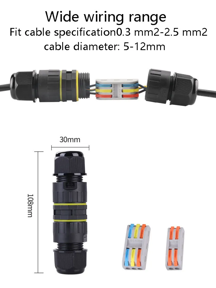 3 Pin Screwless Waterproof LED Outdoor Lighting Connector IP68 Waterproof 5-12mm/10-14mm Electrical Cable Junction Box