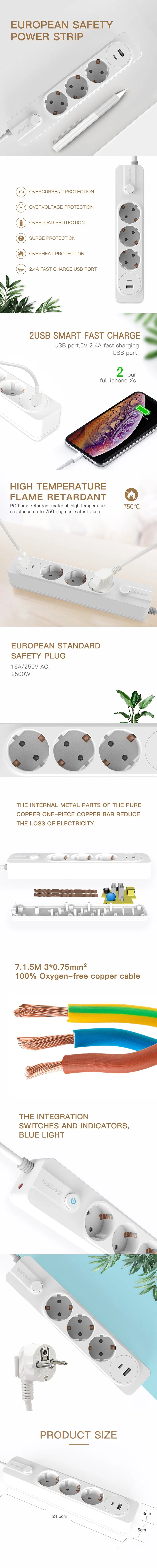 3 Ways Germany European Plug Extension Socket Smart Power Strip Electrical Socket with Child Surge Protection