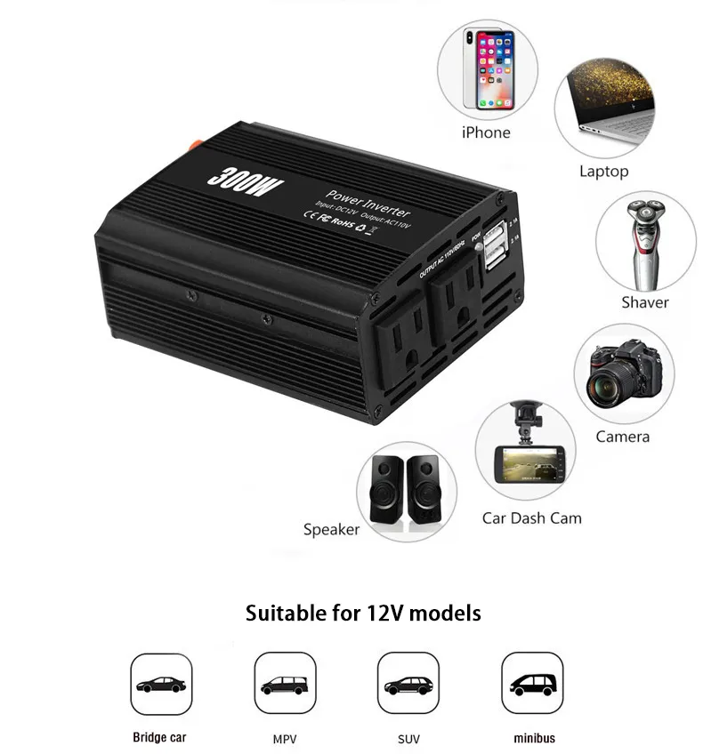 300W Car Inverter DC12V AC110V 220V Inverter Power Inverter Car Adapter with Charger