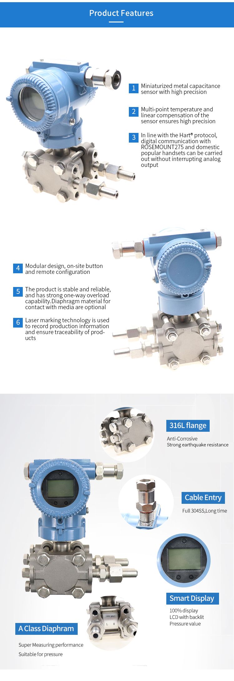 3051 Pressure Measuring Instruments Smart LNG Differential Pressure Transmitter RS485 Pressure Sensor 4~20mA