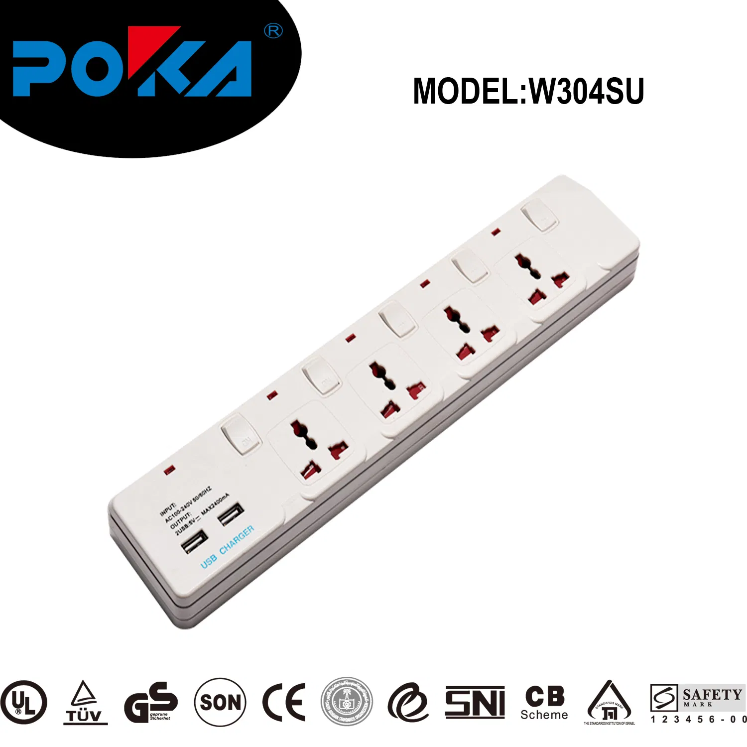 4 Way Multi Power Strip with 2*USB Port 2400mA