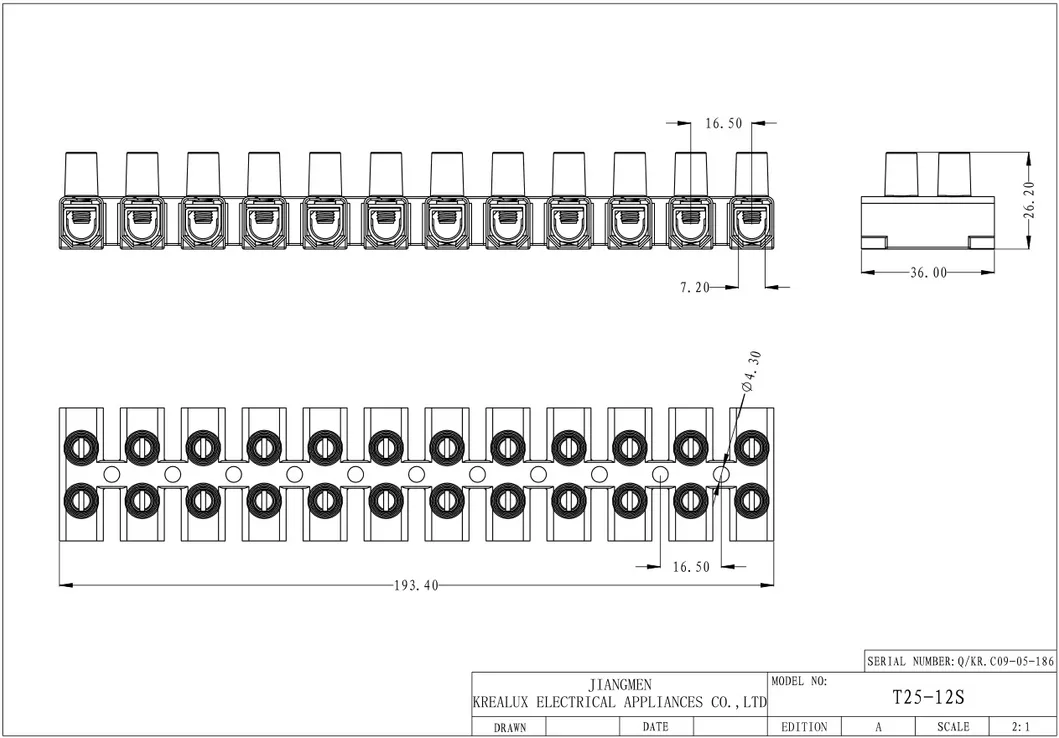 Beleks/Krealux T25-12s (P) CE 12 Ports/Poles/Ways Screw-Fixed Terminal Block/Strip/Barrier