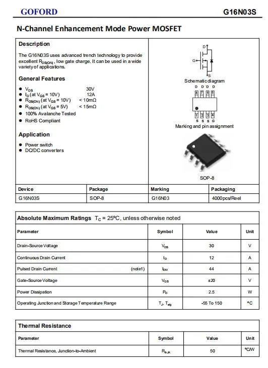 Discrete Component Si4916dy Equivalent Transistor G16n03s 30V Mosfet