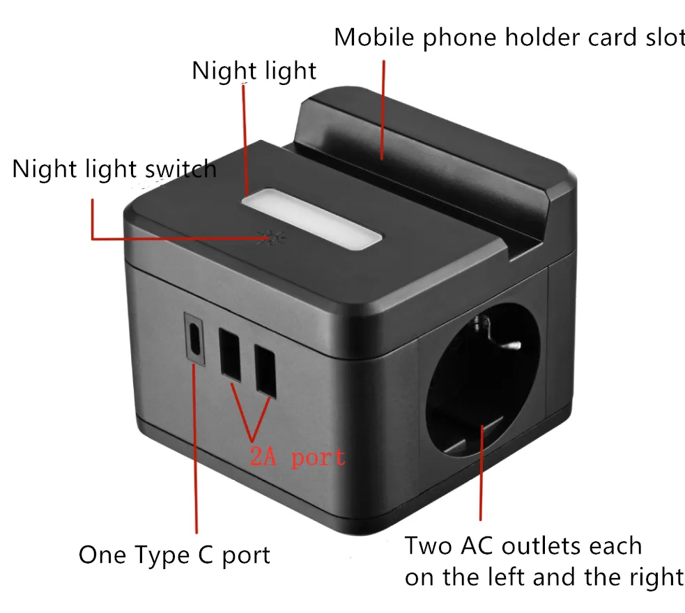 EU Standard Desktop Power Strips Extension Switched Socket with Wireless Charger