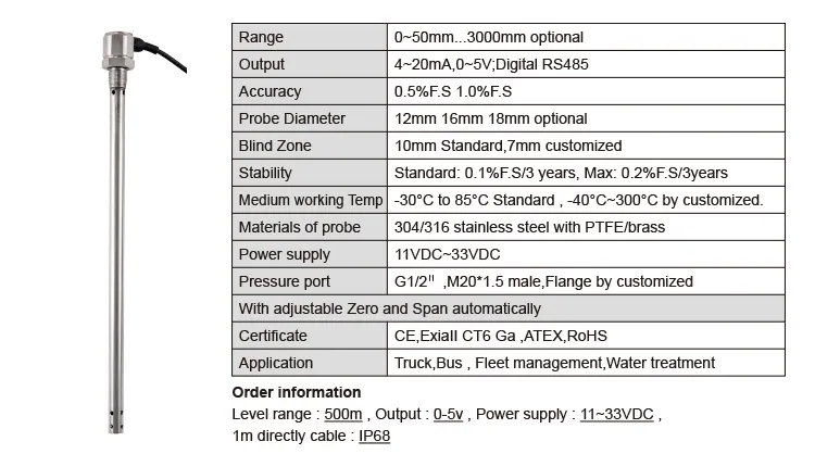 Hpt621 0-5V, 4-20mA, 0-10VDC Diesel / Gasoline / Kerosene / Water Tank Level Sensor