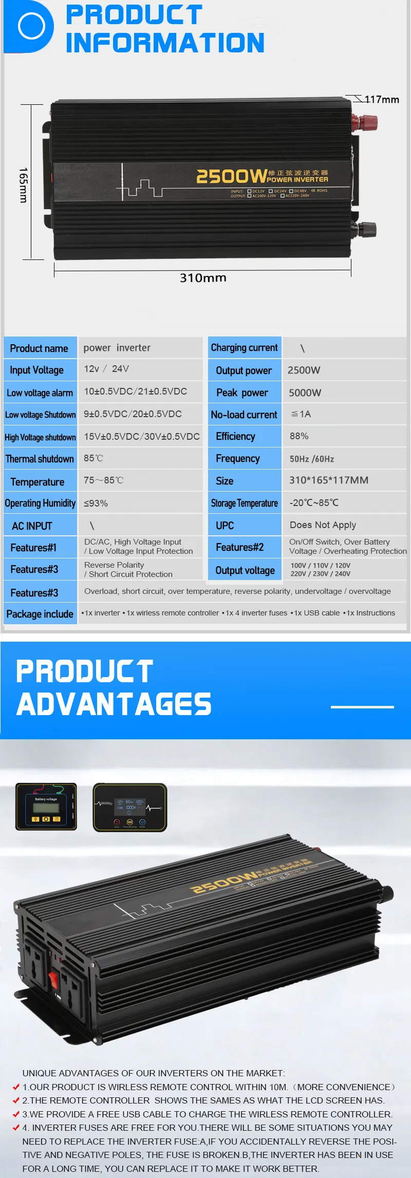 Modified Sine Wave Inverter off Grid Power Inverter 2500W 12V to 220V