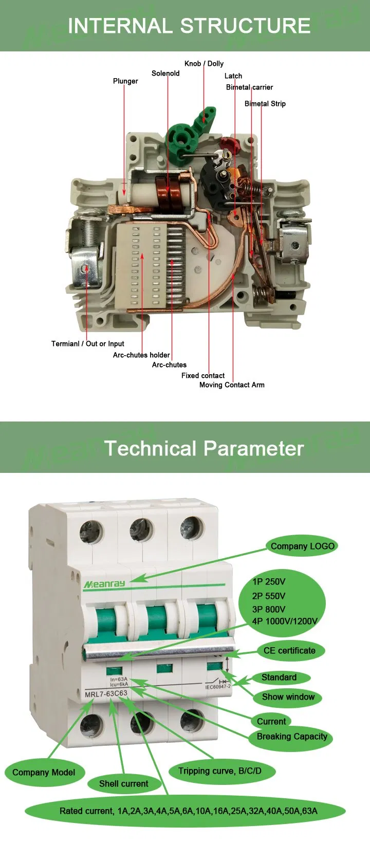 Overload Protector 12V 1000V 3p Circuit Breaker Switch DC MCB for PV Solar System