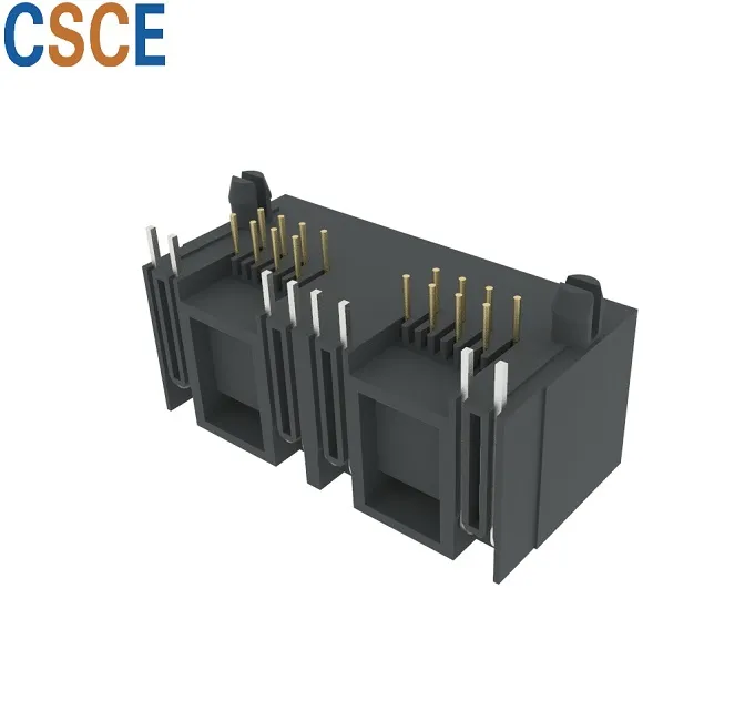 Side Entry One Body 1X2 Port RJ45 PCB Connector with LED, Unshield Tab up 2ports 8p Female RJ45 Modular PCB Jack Socket with Right Angle