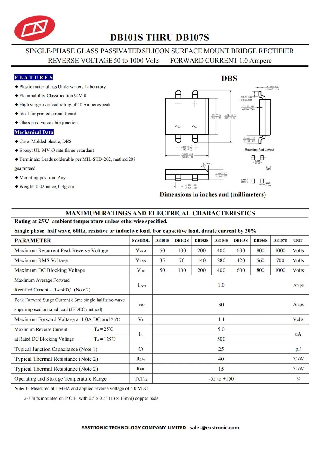 Surface Mount Glass Passivated Silicon Bridge Rectifier DB107S/DB106S/DB105S Diode