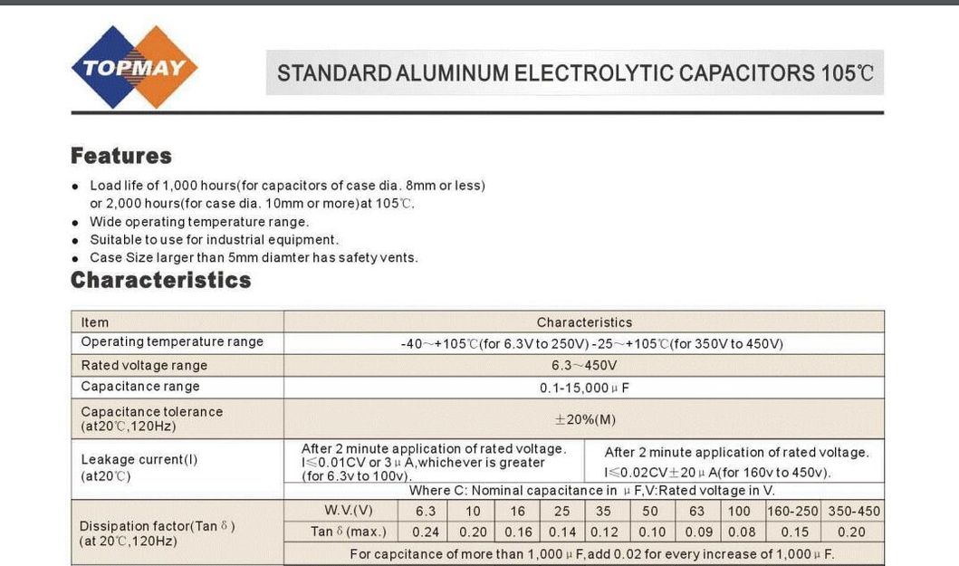 Topmay 63V Radial Electrolytic Capacitor 105c Tmce02-5