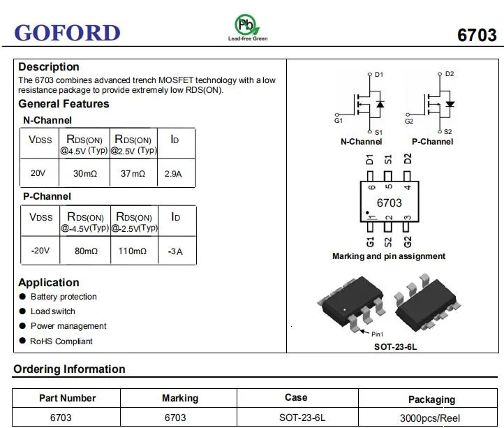 Transistor Mosfet 6703 20V 3A N+P-Channel Sot-23-6 (TSOP6) (AO6604 MT2701)