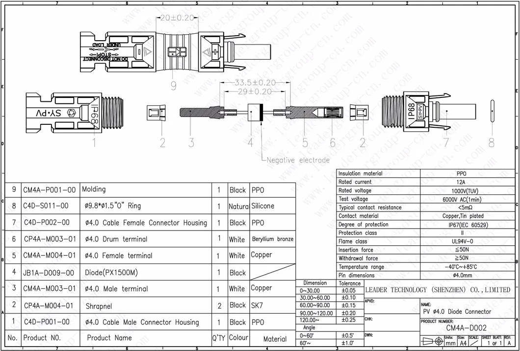 Waterproof IP68 MC4 Diode Connector TUV Certification for Solar PV System
